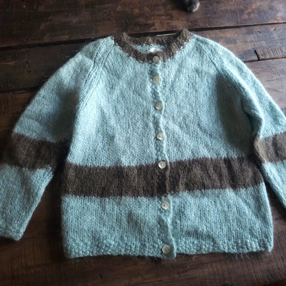 Handmade Italy Mohair Wool Cardigan Sweater Blue Brown Striped Fuzzy Knit 1960s